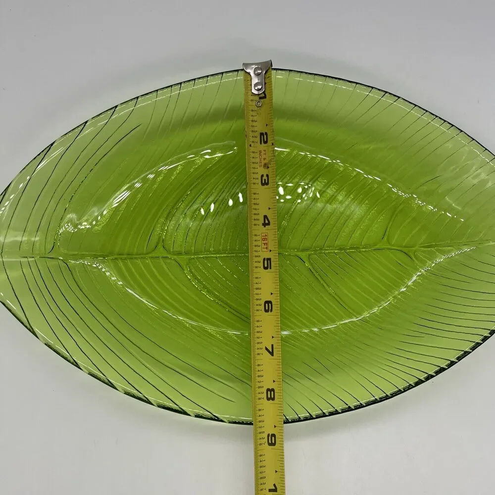 Large Green Leaf Glass Serving Dish Palm Leaf